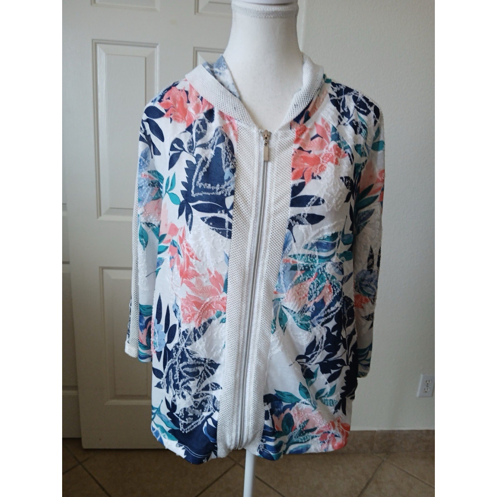 Chicos Weekends Womens Floral Charm Hoodie Size 1 US Medium 3/4 Sleeve Mesh‎